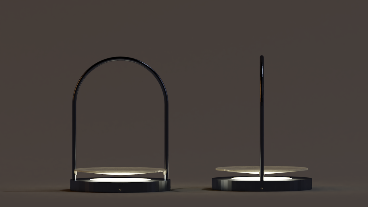 Two portable lamps with the light on